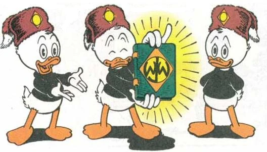 Riri, Fifi, et Loulou tenant le manuel des Castors Juniors