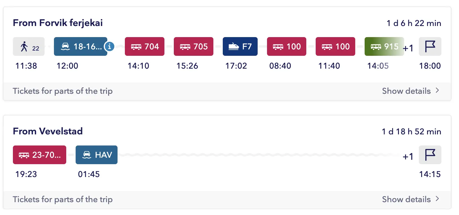 Une capture d'écran d'une simulation de voyage sur le site Entur.no